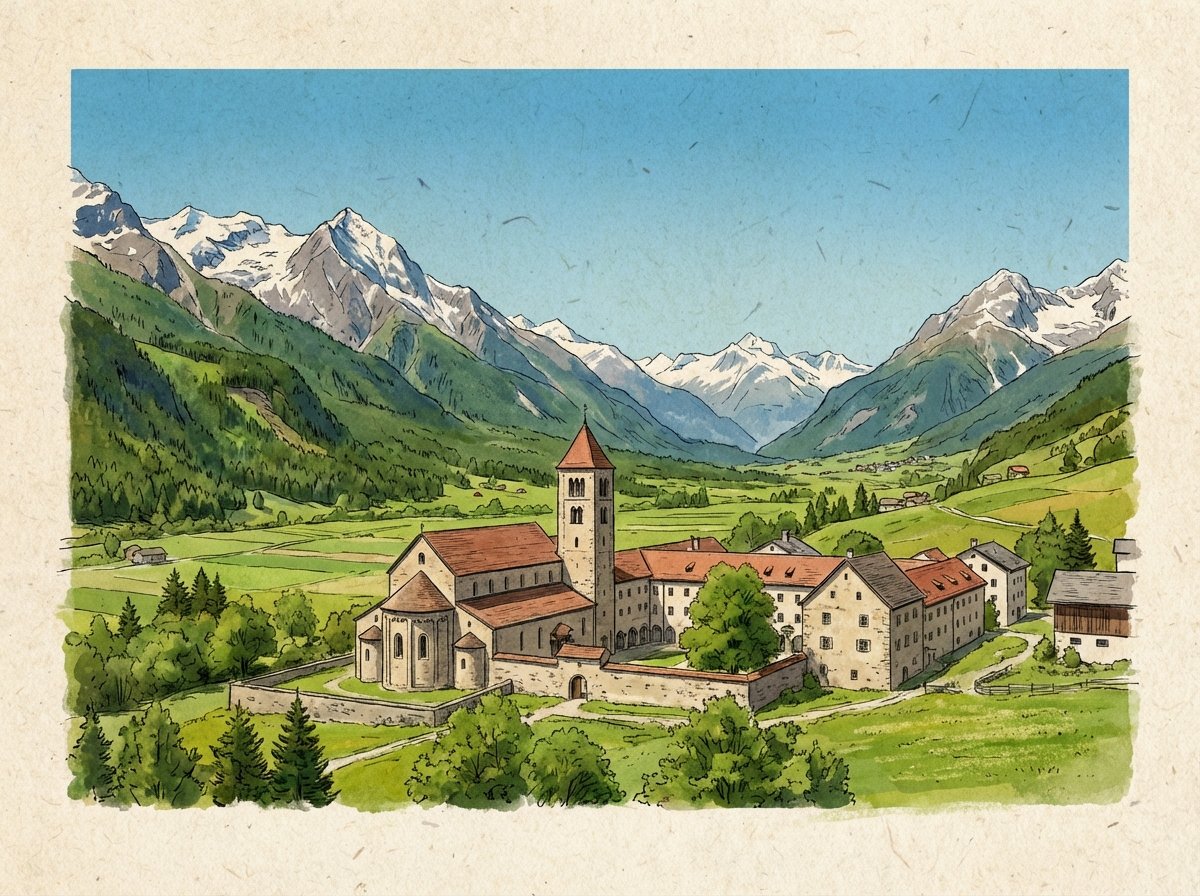 A panoramic view of the Benedictine Convent of St John at Müstair, Switzerland. The ancient stone buildings and church tower are nestled in a lush green valley surrounded by the towering, snow-capped Swiss Alps under a clear blue sky. Artistic illustration style with textured paper background. 4:3