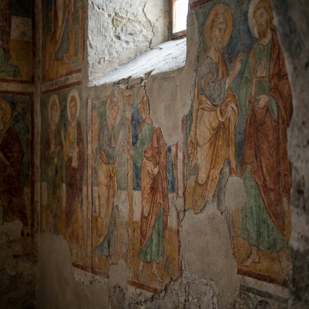 Close-up of ancient Carolingian frescoes on the interior walls of the church at the Convent of Müstair. The faded but intricate biblical scenes show medieval figures in earthy tones. The lighting is soft and natural, emphasizing the texture of the old plaster. Artistic rendering style. 1:1