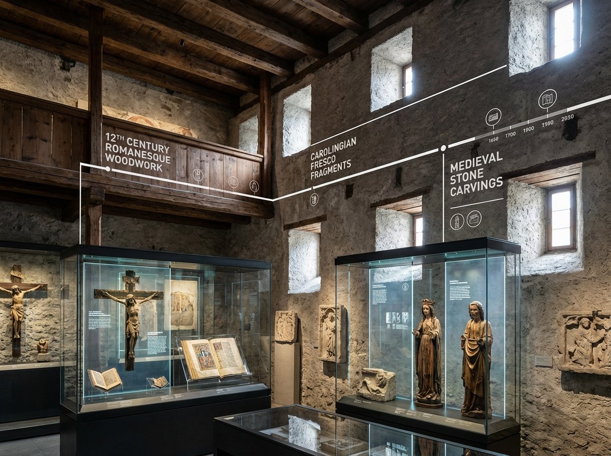 The interior of the museum at the Benedictine Convent of Müstair. Ancient wooden structures, religious artifacts, and stone carvings are displayed in a room with thick stone walls and small windows. High contrast and modern layout infographic style. 4:3