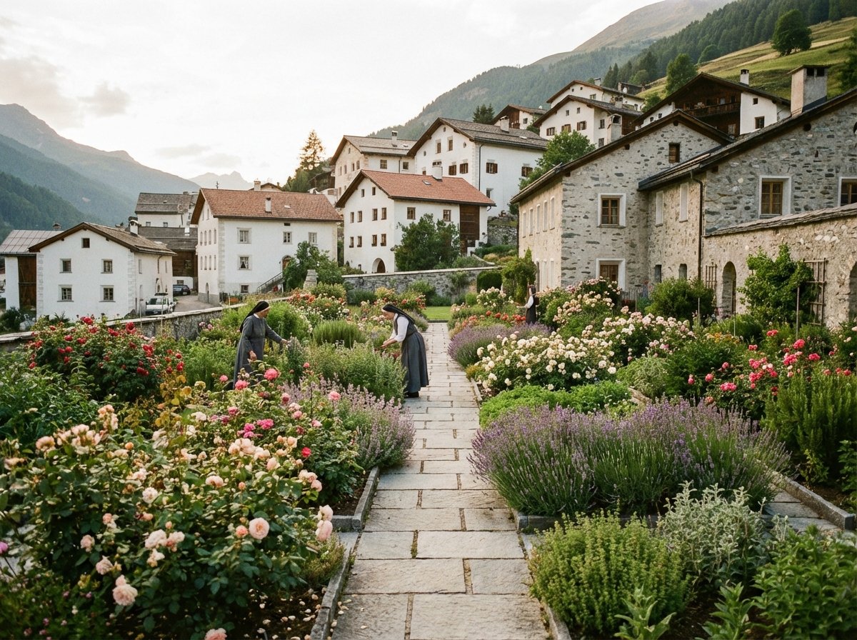 A tranquil scene of the convent garden with simple stone paths and flowering plants. In the background, the traditional white-washed houses of Müstair village blend into the mountainside. High-quality lifestyle photography with warm lighting. 4:3
