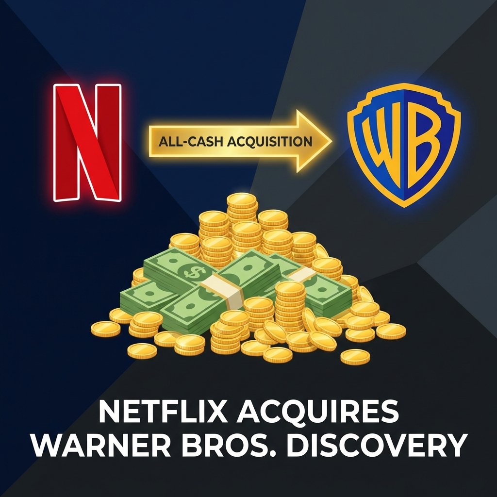 A clean infographic showing the Netflix logo and Warner Bros. Discovery logo on opposite sides with a large pile of golden coins and cash in the center, representing an all-cash acquisition deal, modern layout, high contrast. 1:1