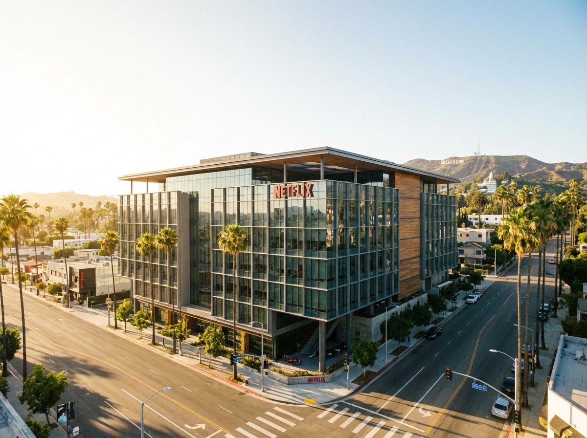 A realistic wide shot of a modern Netflix building in Hollywood, California, during a bright sunny day, palm trees in the background, high-end photography style, warm lighting. 4:3
