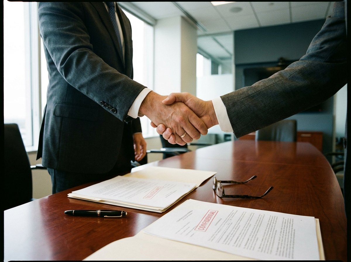 A realistic close-up of two business professionals shaking hands over a mahogany table with legal documents and a pen nearby, professional corporate setting, natural lighting. 4:3