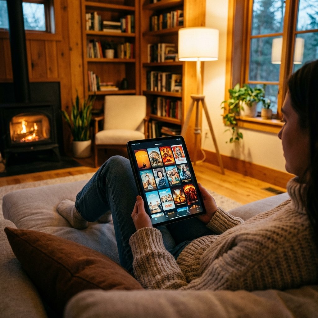 A detailed composition of a modern living room with a person holding a tablet showing various movie posters, cinematic lighting, cozy atmosphere, high-quality lifestyle photography. 1:1
