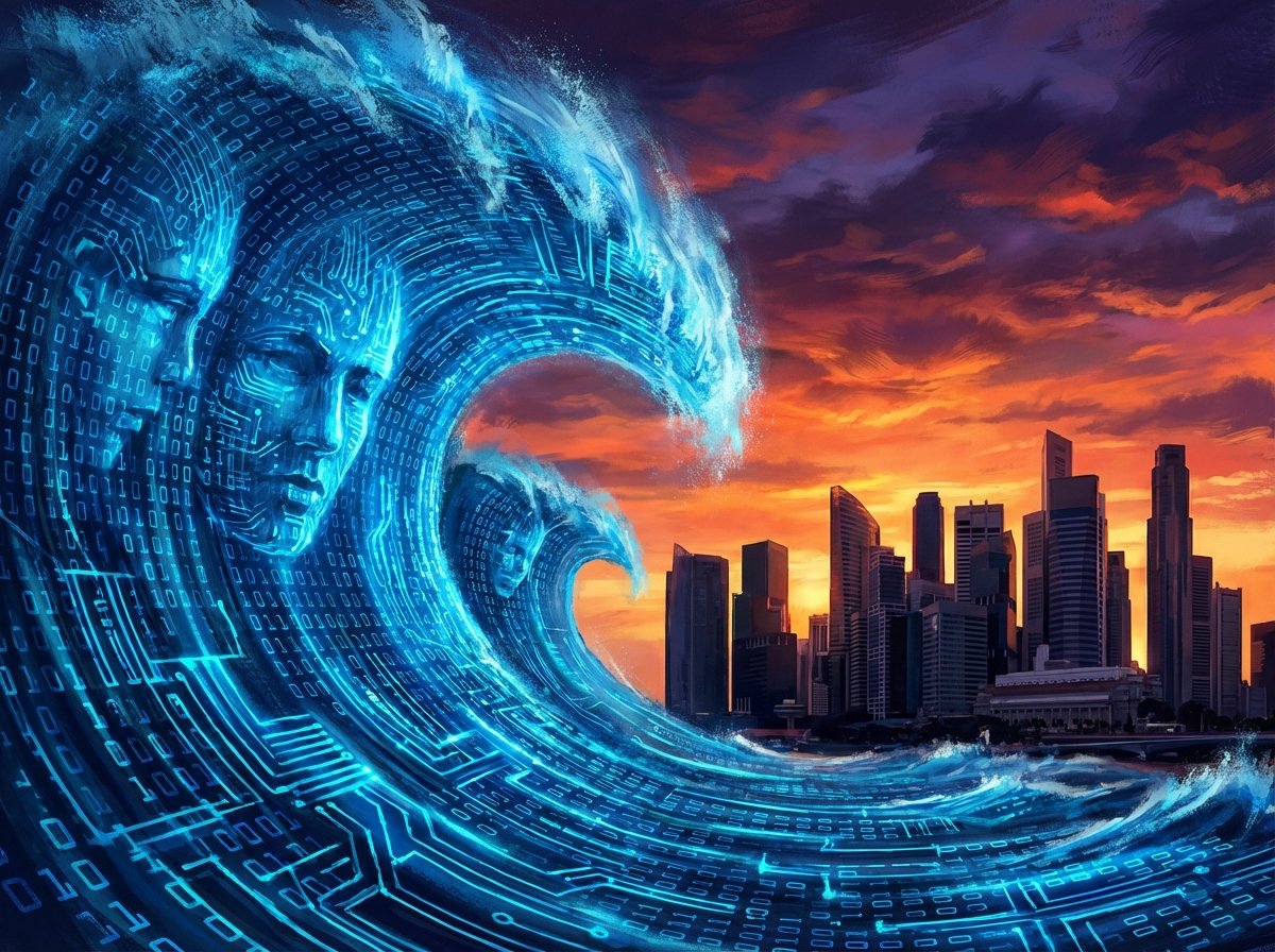A dramatic conceptual illustration of a massive wave made of blue binary code and digital data flowing towards a modern city skyline at sunset. The atmosphere is intense and cinematic. High contrast, 4:3 aspect ratio, no text.