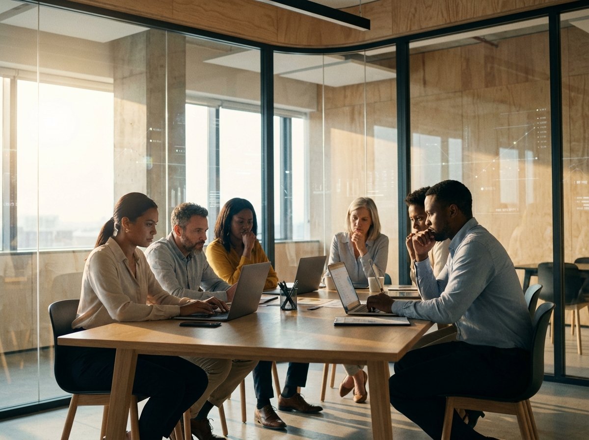 A high-quality lifestyle photograph of office employees sitting in a modern glass-walled office, looking at computer screens with expressions of concern and deep thought. Soft morning light coming through windows, subtle digital overlays appearing in the background. 4:3 aspect ratio, no text.
