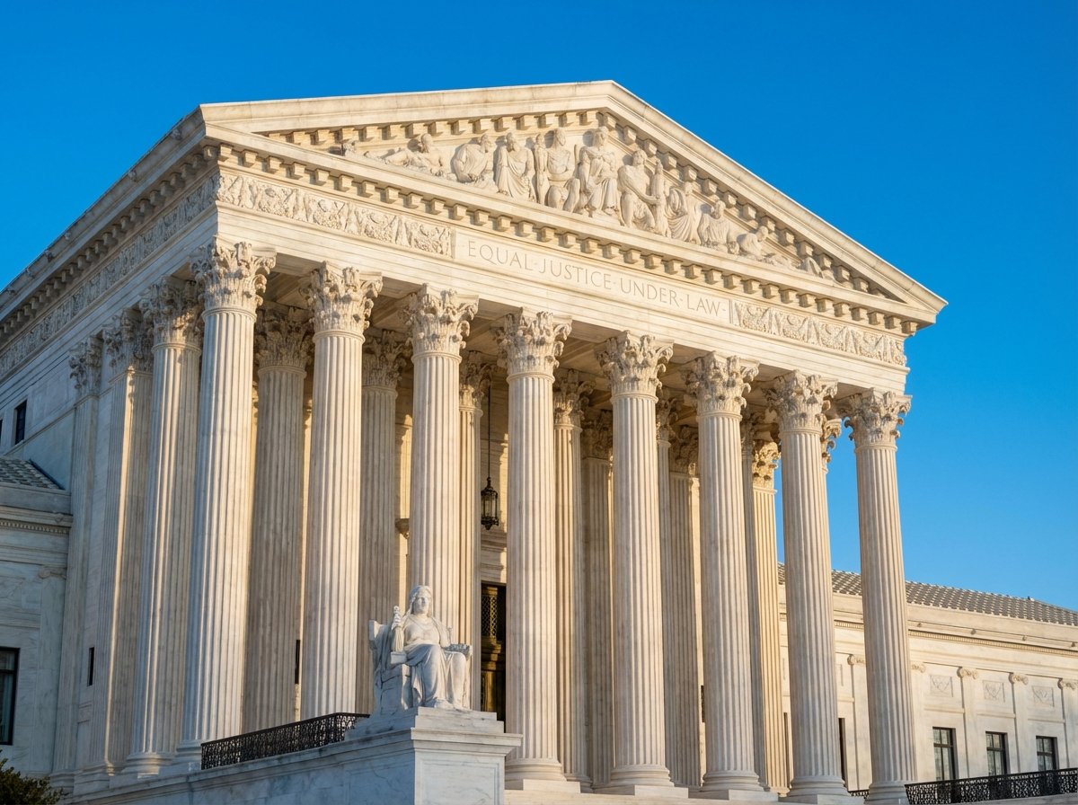 The United States Supreme Court building in Washington DC, majestic architectural view, clear blue sky, modern professional photography, 4:3