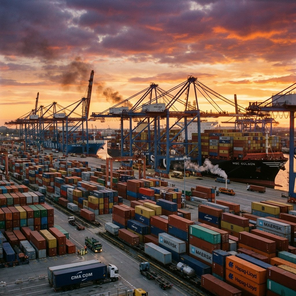 Large commercial shipping port at sunset, stacks of colorful containers, giant cranes, busy global trade atmosphere, realistic photography, 1:1
