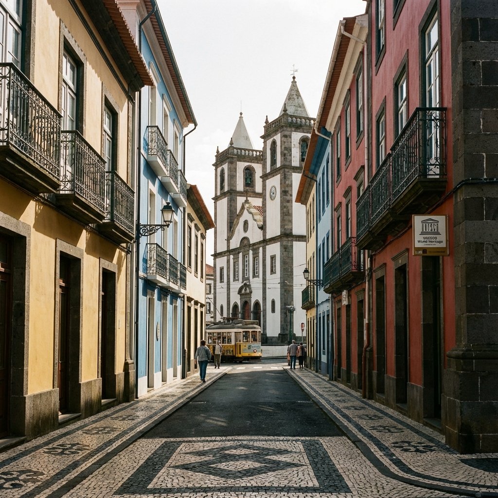 A detailed street view of Angra do Heroismo featuring the Se Cathedral with its twin towers. The street is paved with traditional Portuguese cobblestones (calçada). Houses with colorful facades and wrought iron balconies line the narrow street. Soft morning sunlight, high contrast, history and culture style, 1:1