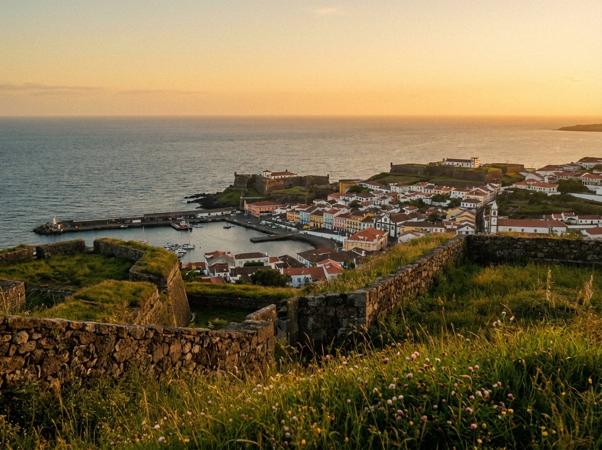 View from a high vantage point looking down onto the town of Angra do Heroismo. In the foreground, there are stone walls and lush green grass. The town stretches along the bay with its iconic harbor and colorful buildings. The vast Atlantic Ocean meets the horizon. Artistic rendering, warm lighting, 4:3