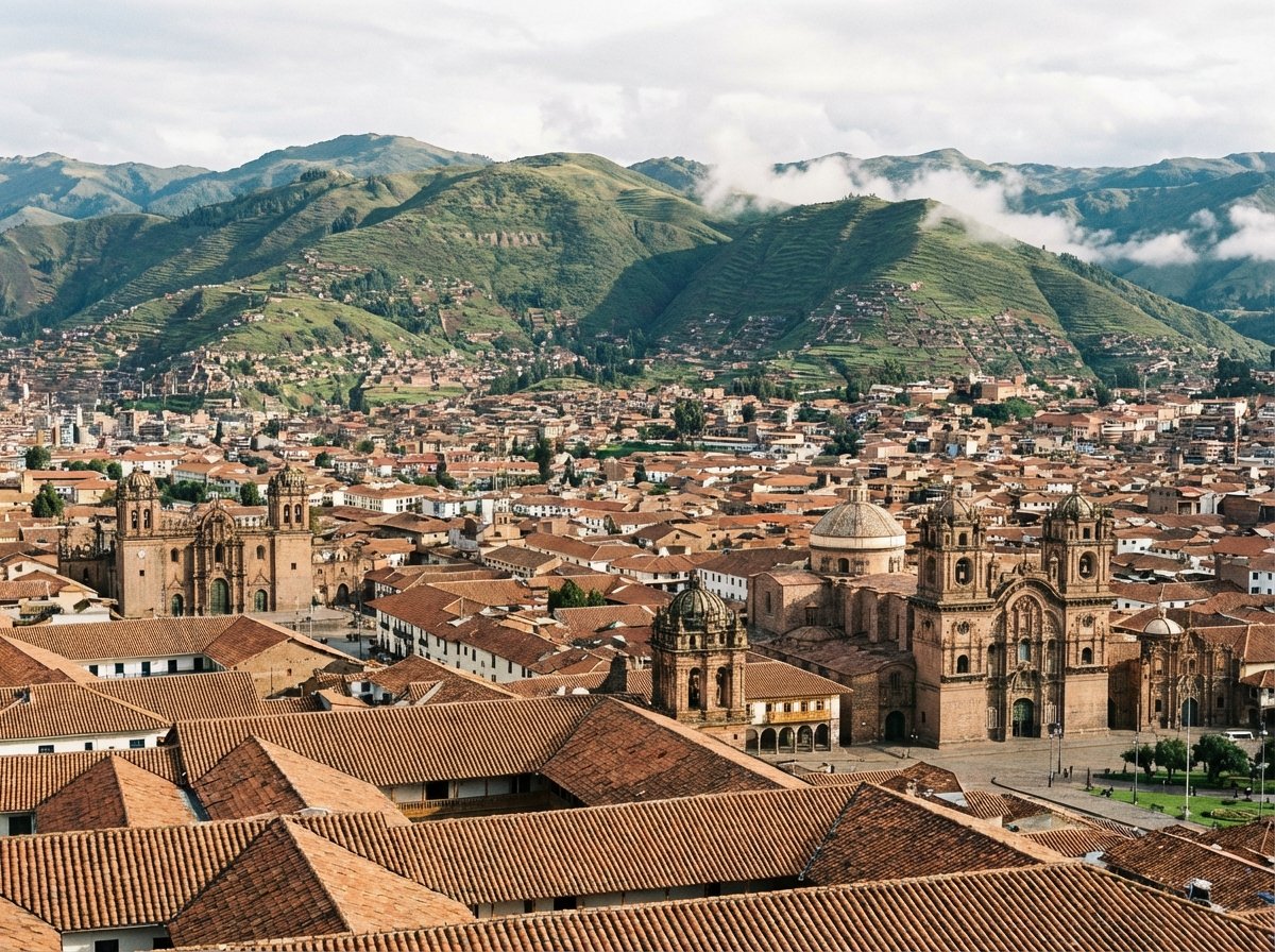 A panoramic wide view of the city of Cusco in Peru, terracotta tiled roofs, historic Spanish colonial churches, surrounded by lush green Andes mountains, soft daylight, high contrast, 4:3