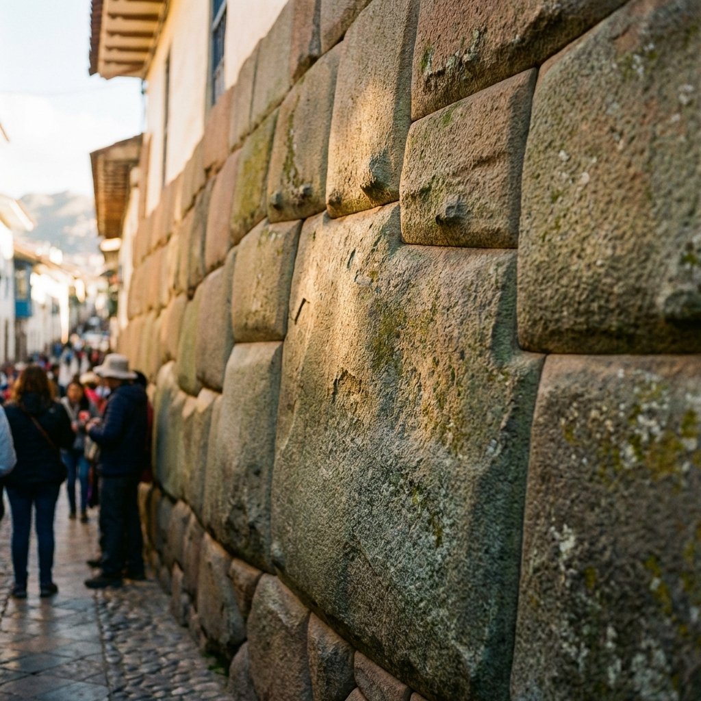 Close-up shot of an ancient Incan stone wall in Cusco, famous 12-angled stone, precise masonry, historical textures, warm sunlight, realistic photography, 1:1