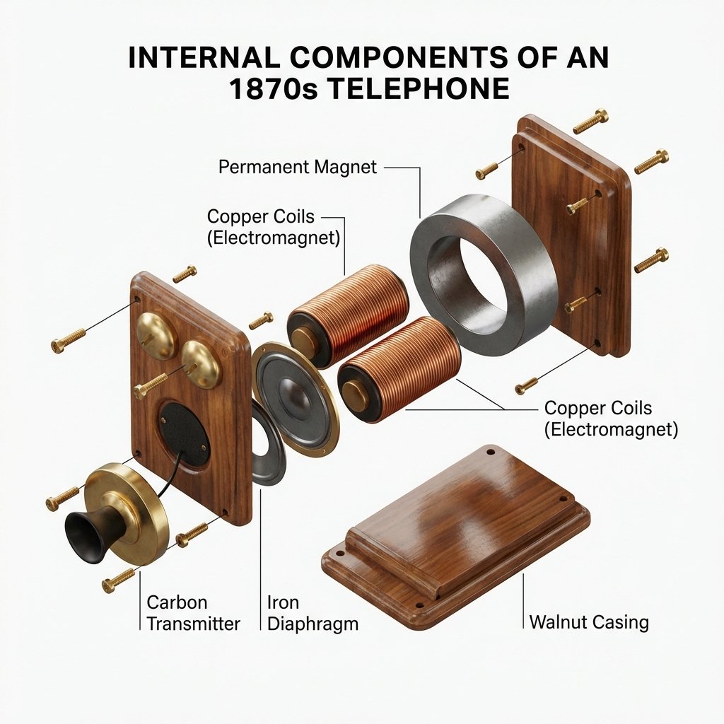 A clean and modern infographic layout showing the internal components of an 1870s telephone. Copper coils, a permanent magnet, and a wooden casing are visible in a high-contrast exploded view. 1:1