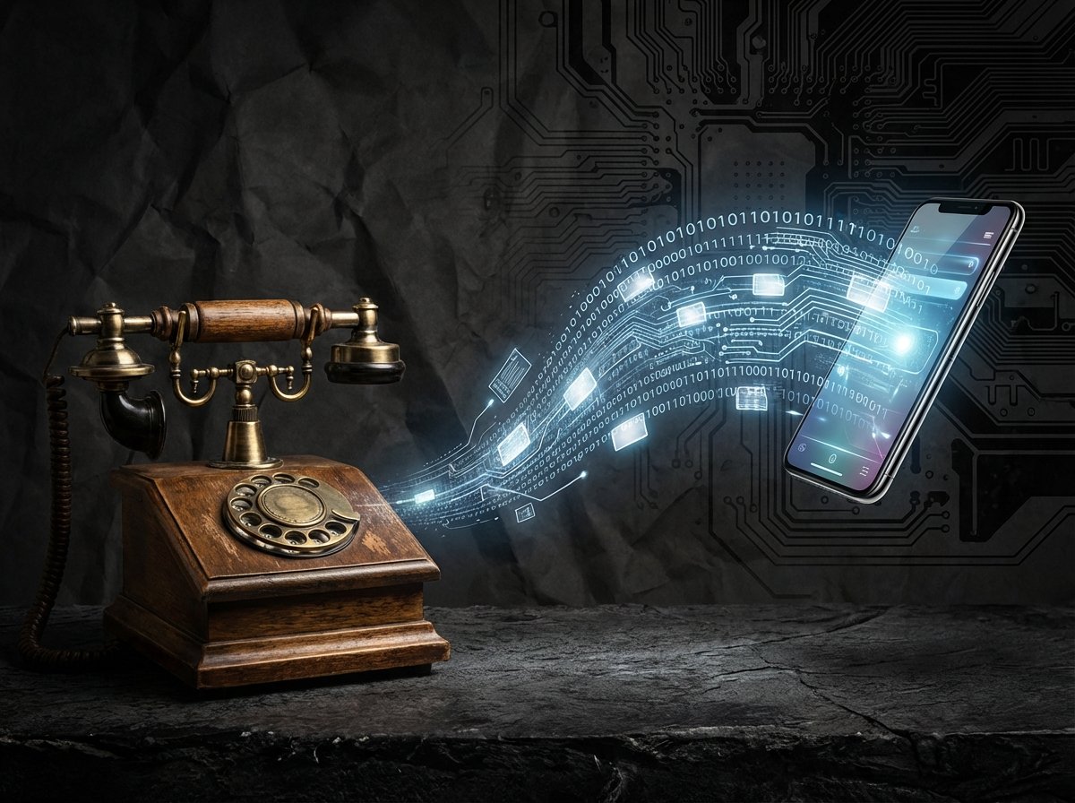 A conceptual illustration showing a vintage wooden telephone on the left and a sleek modern smartphone on the right. A glowing stream of digital data connects the two devices on a dark, textured background. High contrast and artistic lighting. 4:3