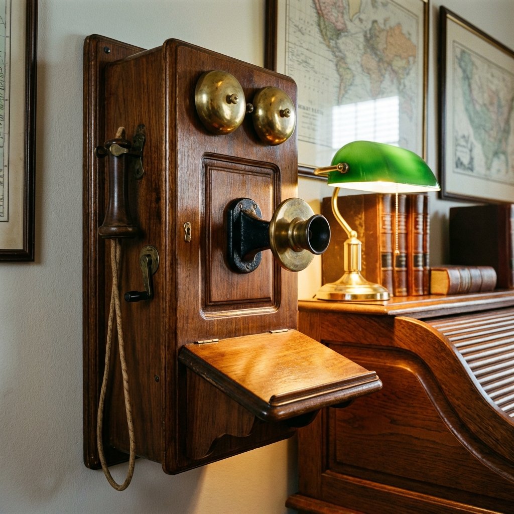 A close-up of an antique wooden wall-mounted telephone in a classic 19th-century office setting. Warm lighting from a nearby desk lamp reflects on the polished wood and metal bells. 1:1