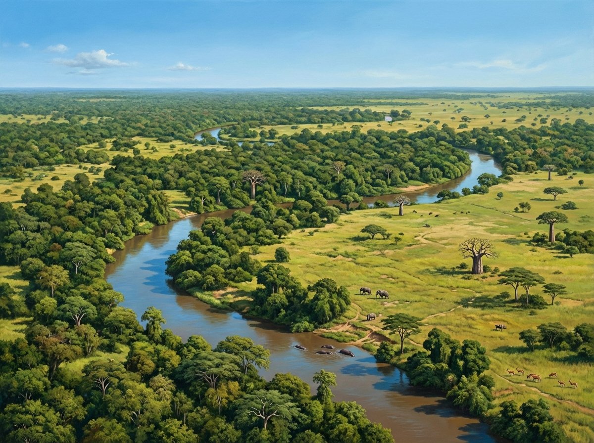 A wide aerial view of Comoé National Park in Côte d'Ivoire featuring the Comoé River winding through a mixture of lush gallery forests and open savannas under a clear bright sky. The landscape shows a rich transition of vegetation. Artistic rendering style, 4:3.