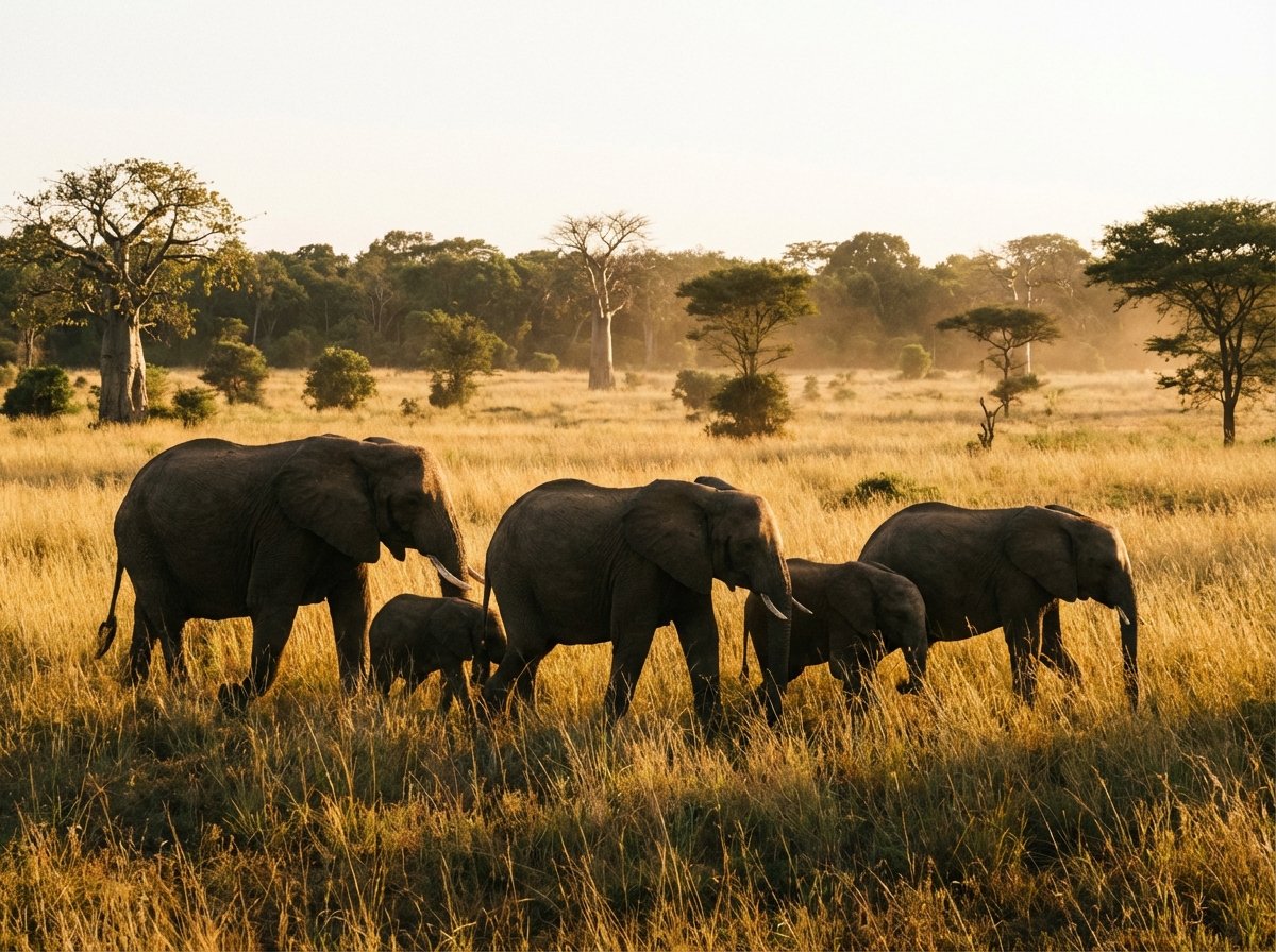 A family of African elephants walking through the golden grass of the Comoé savanna during golden hour. In the background, scattered trees and a hint of the gallery forest are visible. High contrast lighting, natural setting, 4:3.