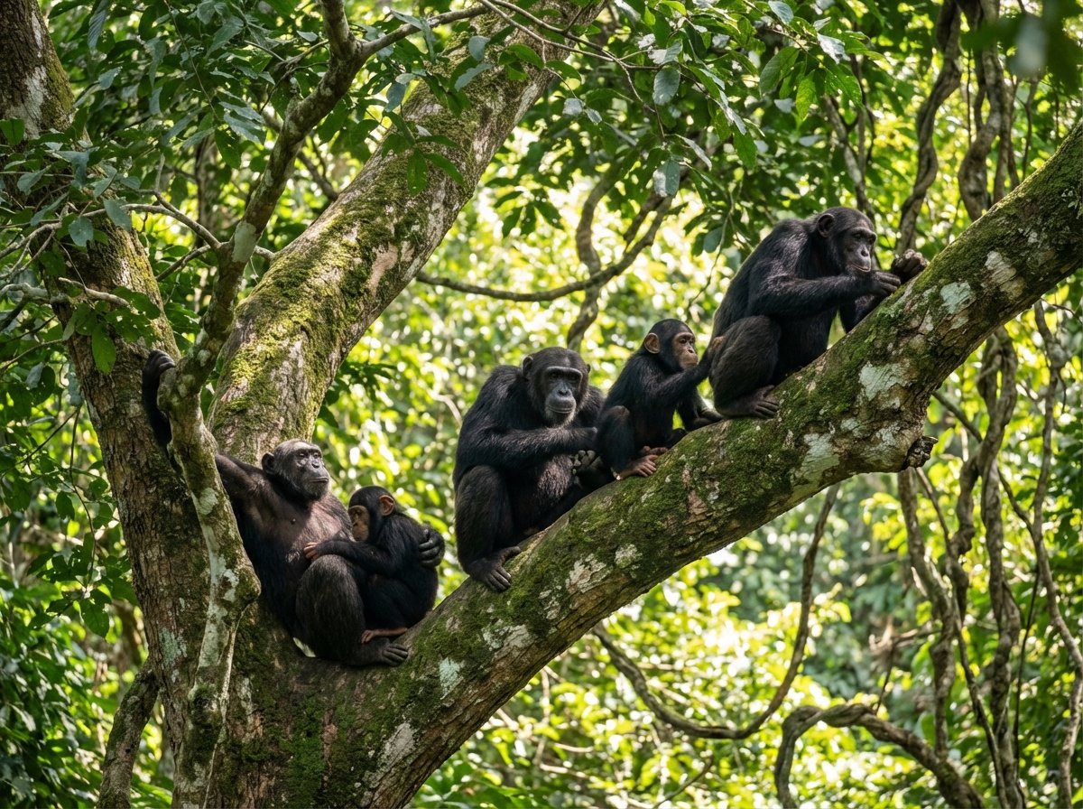 A group of chimpanzees resting on the thick branches of a gallery forest tree in Comoé National Park. The sunlight filters through the dense canopy, creating a textured background of green leaves. Realistic photography style, 4:3.