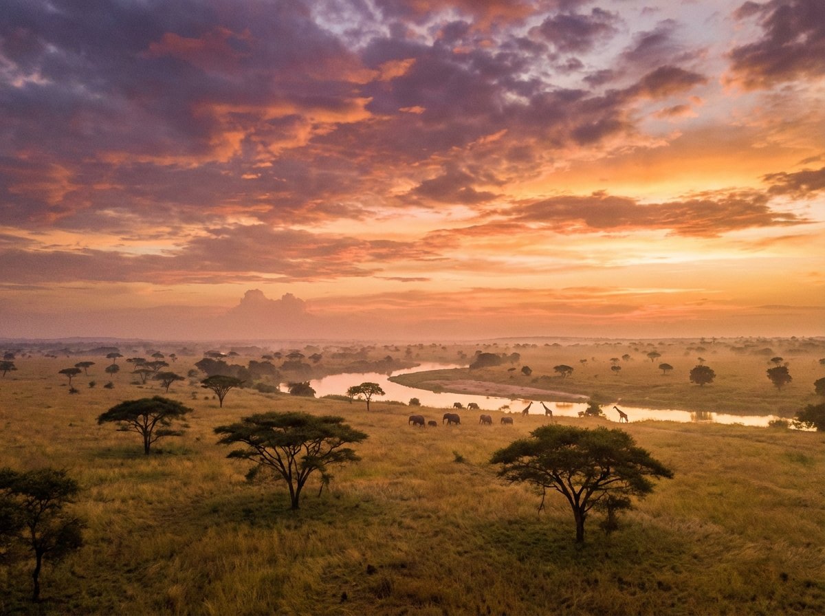 A serene sunset over the vast horizon of Comoé National Park. The sky is painted with orange and purple hues, casting a warm glow over the savanna and the distant river. Artistic and peaceful atmosphere, 4:3.