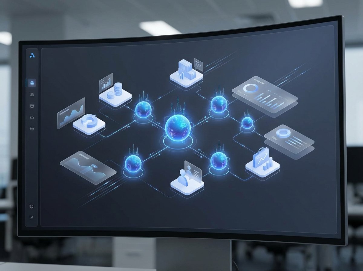 A sleek and modern enterprise software dashboard showing intelligent AI agent nodes connecting different business processes. Soft blue and white color palette, professional UI design. No text, no white background. 4:3