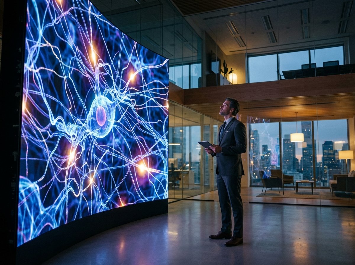 A professional business person looking at a large digital screen with abstract glowing neural network patterns in a modern office, cinematic lighting, 4:3 aspect ratio