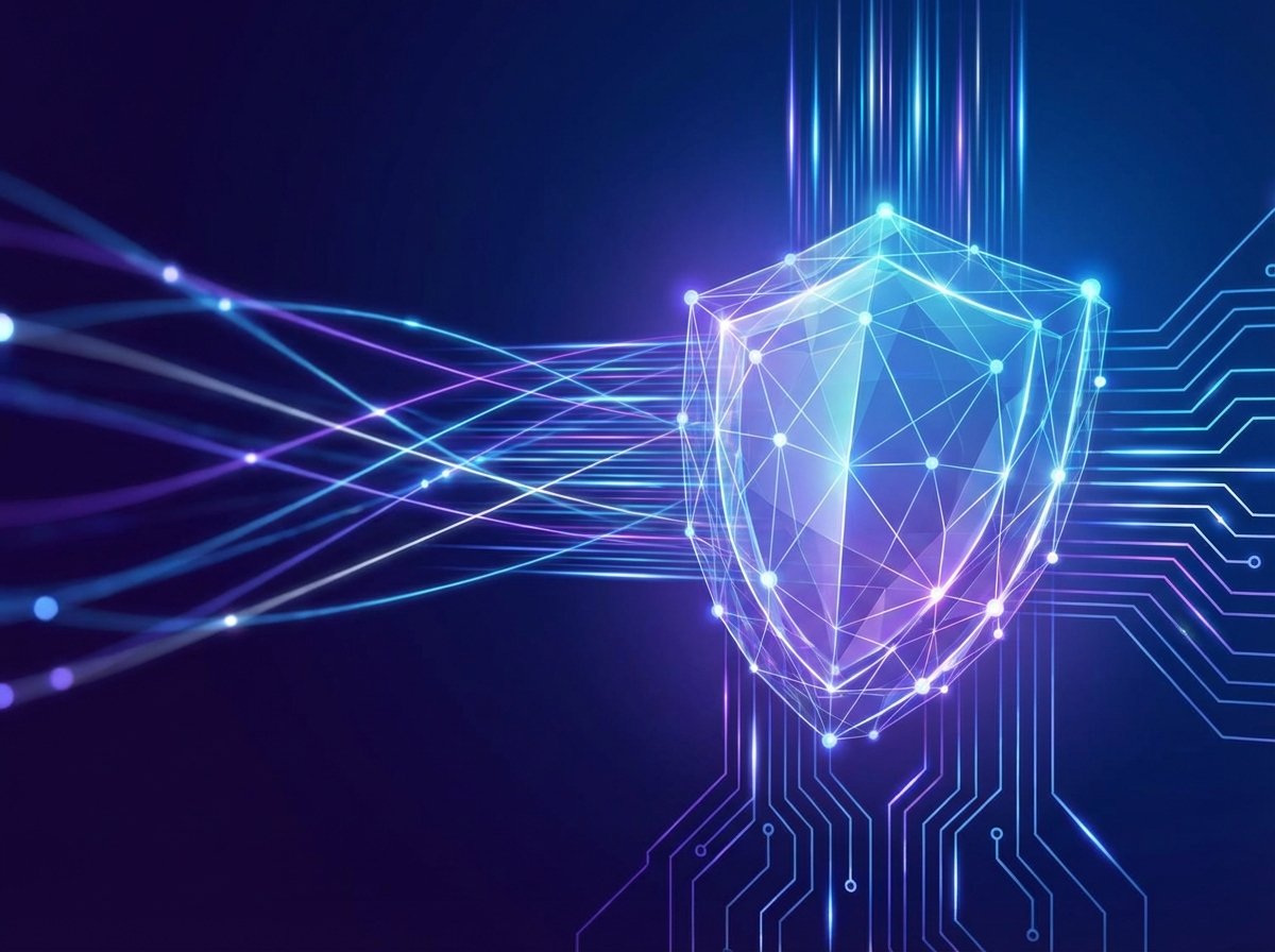 A conceptual representation of cybersecurity and data infrastructure. Glowing lines representing data flowing through a shield-like structure. Deep blue gradient background, high-tech and sophisticated feel. No text. 4:3