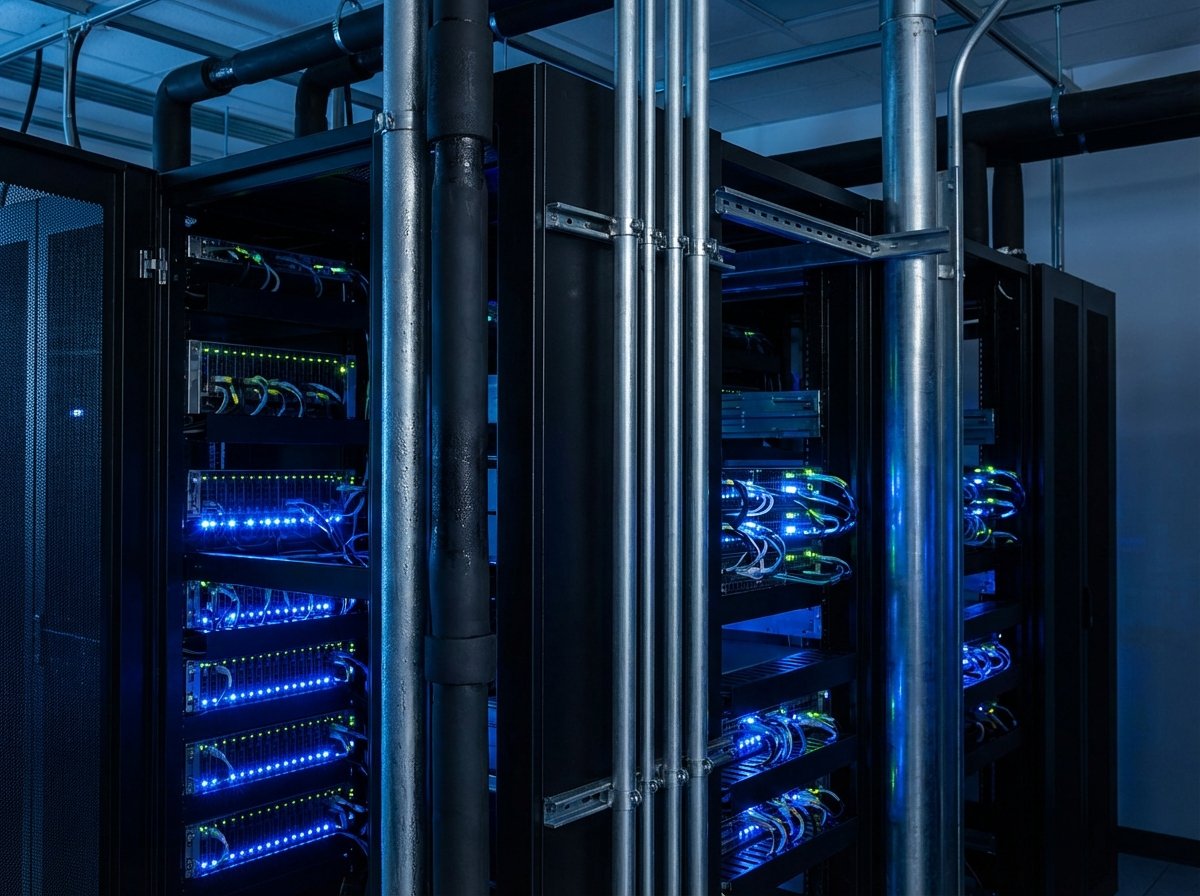 Close-up of high-tech server racks in a dimly lit data center with cooling system pipes and blue led lights, professional photography, 4:3 aspect ratio