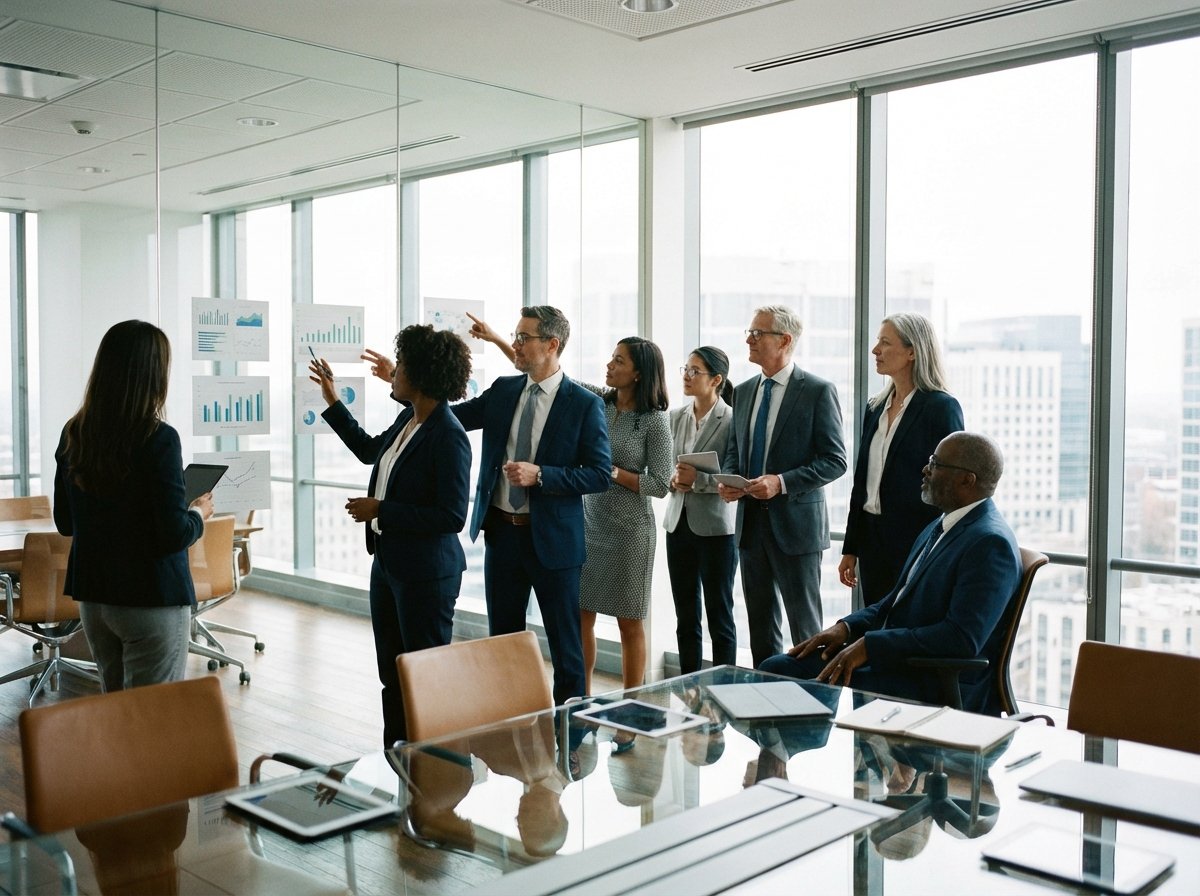 A diverse group of business professionals in a boardroom discussing data displayed on a large glass wall, natural daylight, professional setting, 4:3 aspect ratio