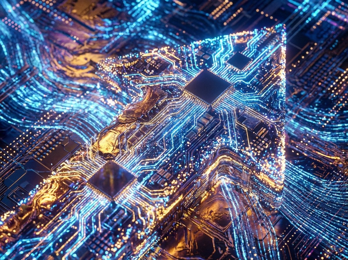 An abstract composition of glowing digital particles forming an upward arrow shape, representing growth and technological integration. Rich textures, vibrant blue and gold highlights. No text. 4:3
