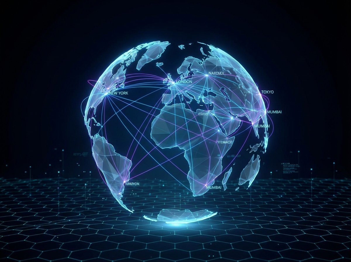 A stylized digital globe with glowing connections between major cities across the world, dark background with subtle grid lines, futuristic illustration, 4:3 aspect ratio
