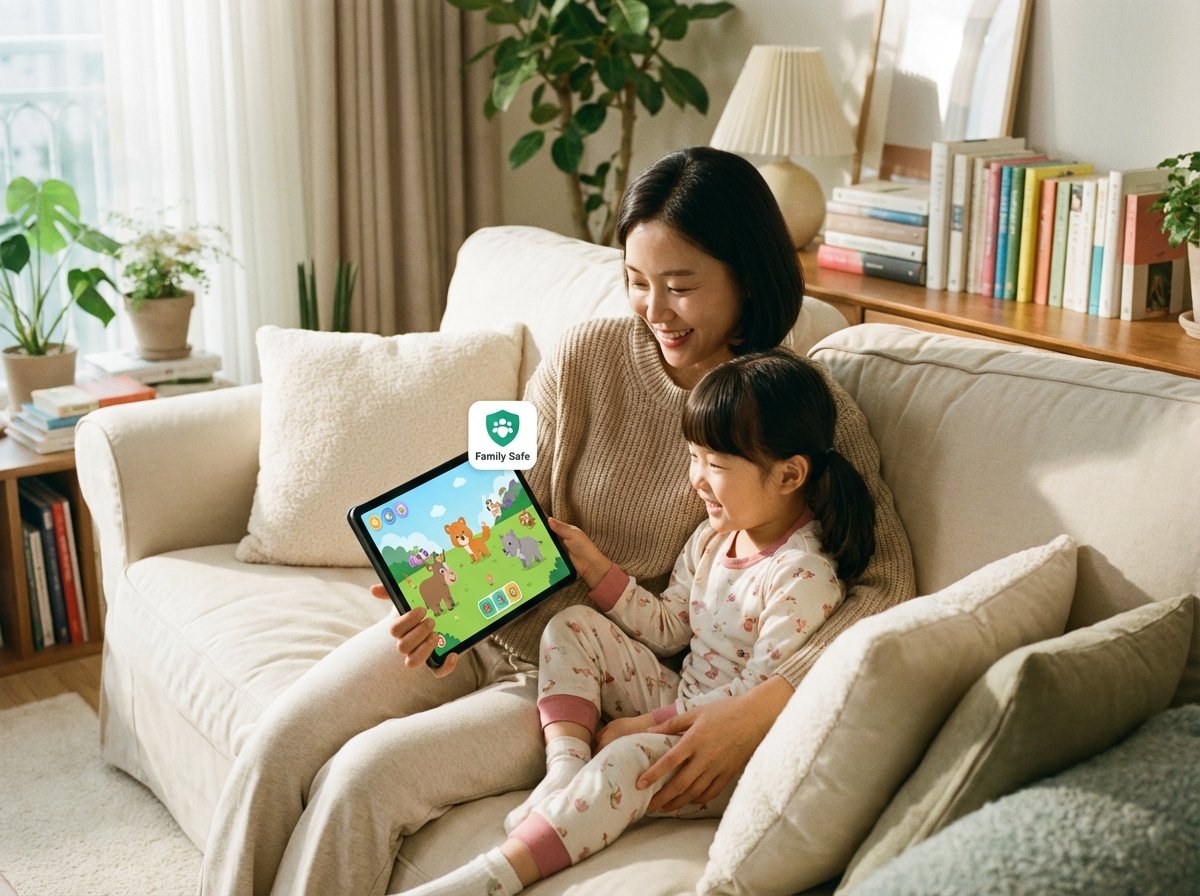 A Korean mother and her young daughter sitting comfortably on a sofa looking at a tablet screen together. Bright and cozy living room, happy expressions, safe digital environment. 4:3