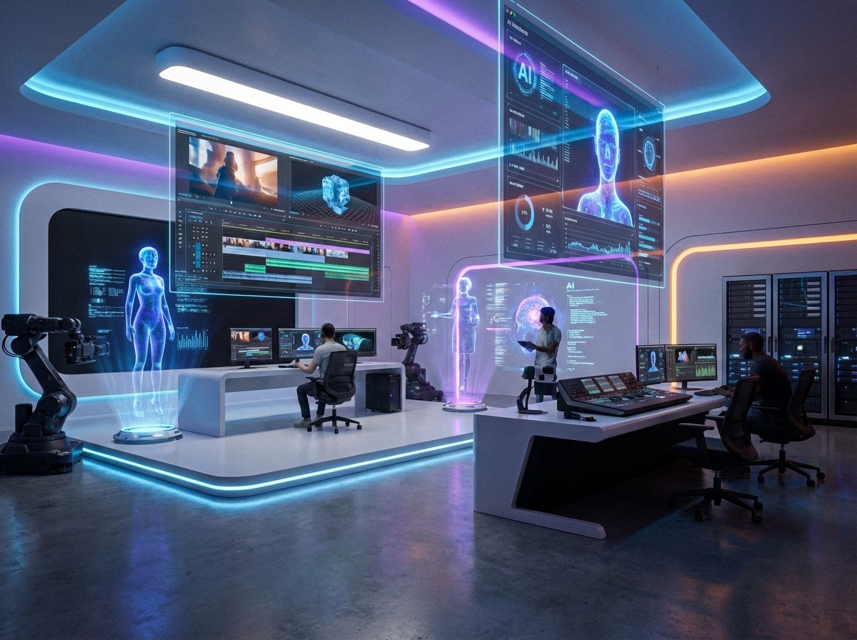 A high-tech media production studio with holographic displays and AI assistance tools. Sleek minimalist design, vibrant ambient lighting, professional equipment. 4:3