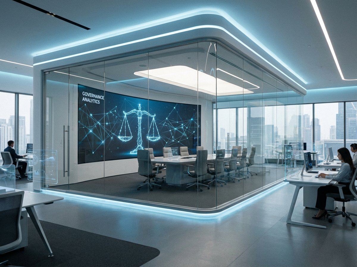 A modern, high-tech corporate office interior with a focus on a glass-walled boardroom. On the wall, a digital abstract representation of a network and a balance scale symbolising governance. The atmosphere is professional, clean, and futuristic with soft blue and white lighting. 4:3