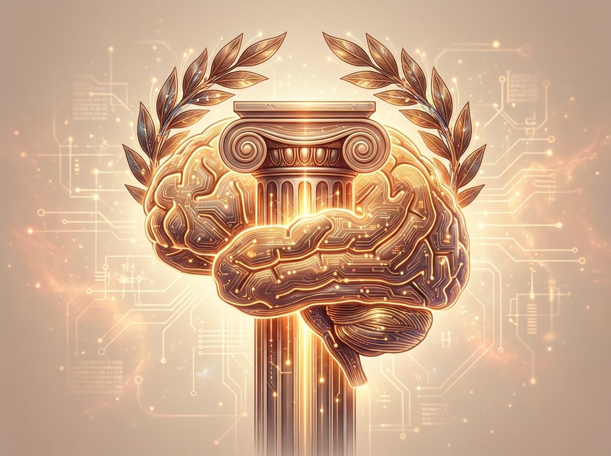 A sophisticated conceptual illustration showing a digital human brain interconnected with a classical Greek pillar and a laurel wreath. The background has faint glowing circuits. Warm and balanced lighting, conveying wisdom and technological advancement. 4:3