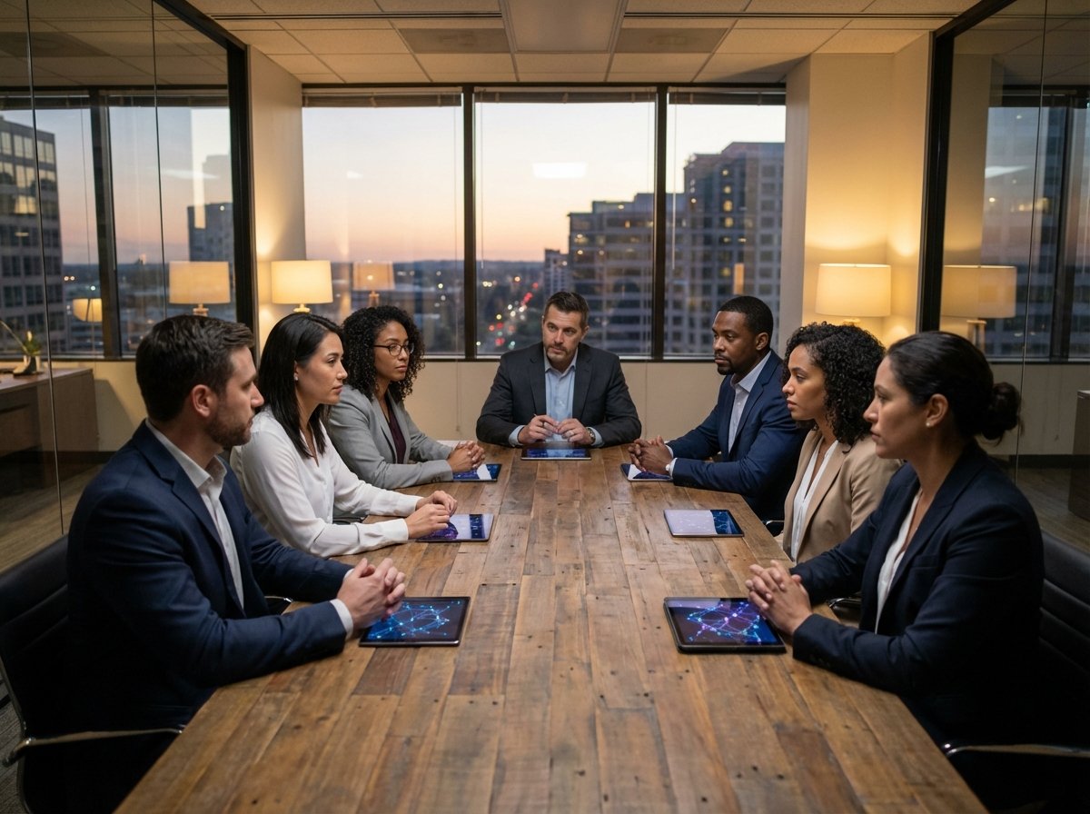 A diverse group of professional people in business attire having a thoughtful discussion around a large wooden table. There are digital tablets on the table showing abstract node maps. Large windows in the background show a city skyline at dusk. Realistic, cinematic lighting. 4:3