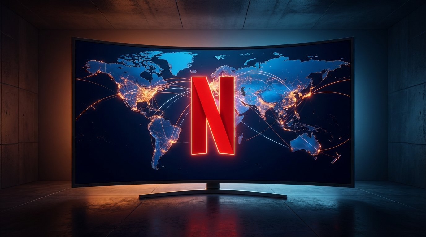 A modern and sleek digital illustration of the Netflix logo on a large screen with a glowing world map in the background, showing data points connecting different continents, symbolizing global subscriber growth, high contrast, cinematic lighting, 16:9 aspect ratio, no text.