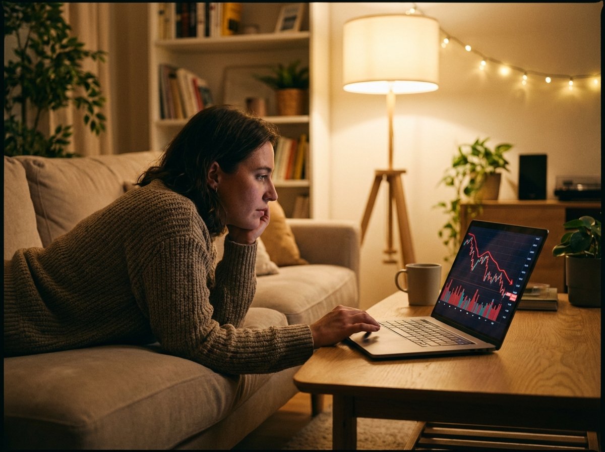 A realistic lifestyle photography of a person looking at a laptop screen showing a red stock market chart with downward trends, warm living room lighting, natural setting, high quality, 4:3 aspect ratio, no text.
