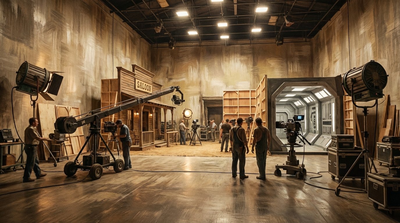 An artistic rendering of a large professional film studio soundstage with various cameras, lights, and set pieces, representing a major Hollywood production environment, textured background, cinematic style, 16:9 aspect ratio, no text.