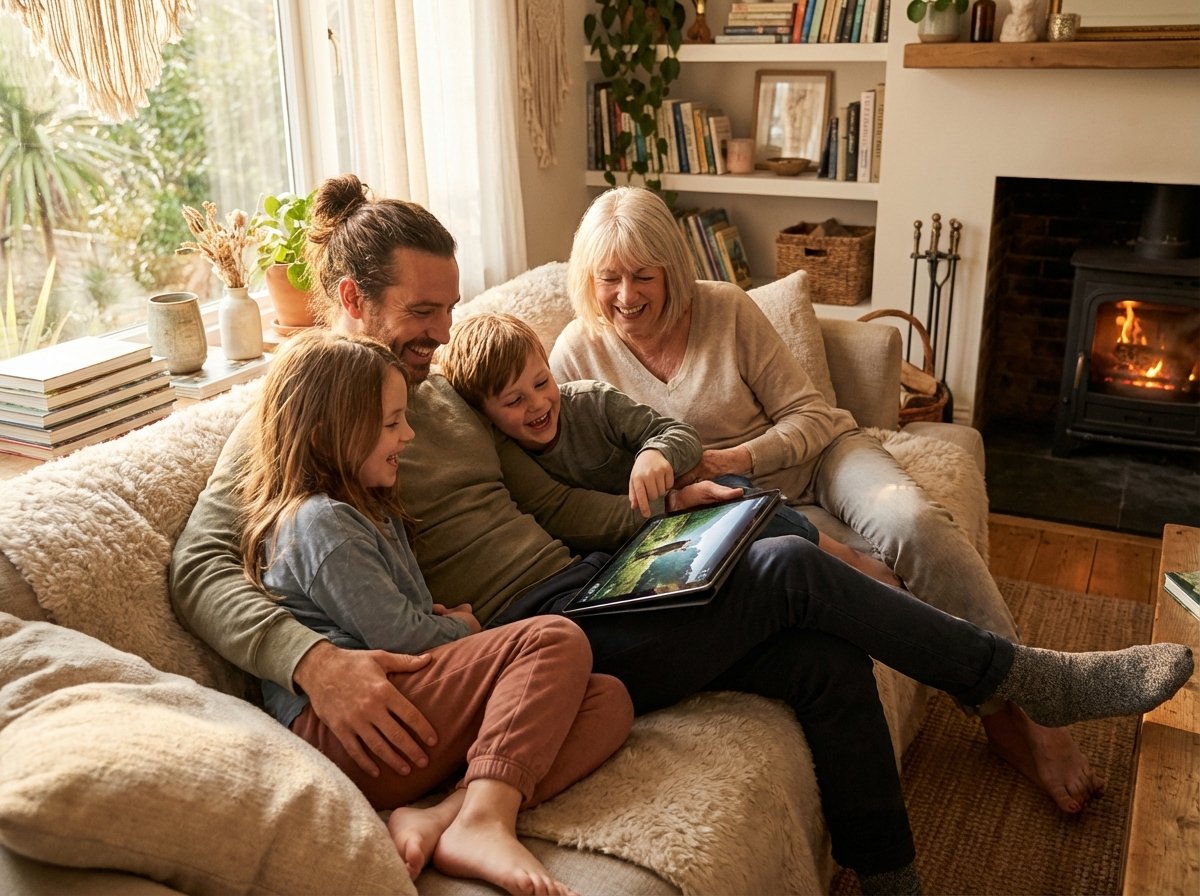 A warm lifestyle photography of a diverse family sitting on a sofa in a cozy living room, watching high-quality video content on a large tablet together, natural expressions, soft evening light, 4:3 aspect ratio, no text.