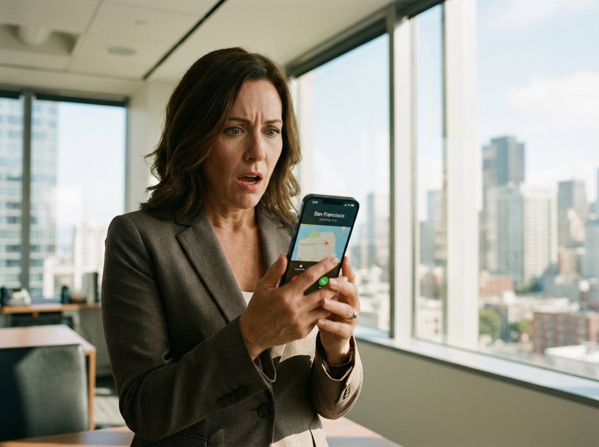 A professional person sitting in a modern office, looking surprised while looking at an iPhone screen showing an incoming call from San Francisco. The lighting is natural and cinematic. High quality photography style. 4:3