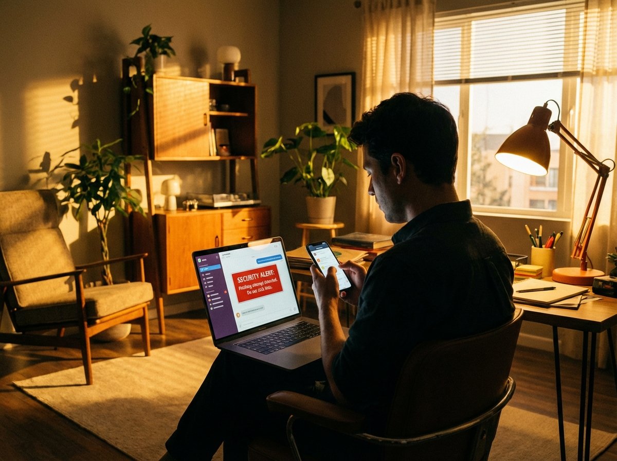 A person using a laptop and a smartphone simultaneously. On the laptop screen, a chat interface shows a security warning about phishing. Modern home office setting with warm lighting. High contrast style. 4:3