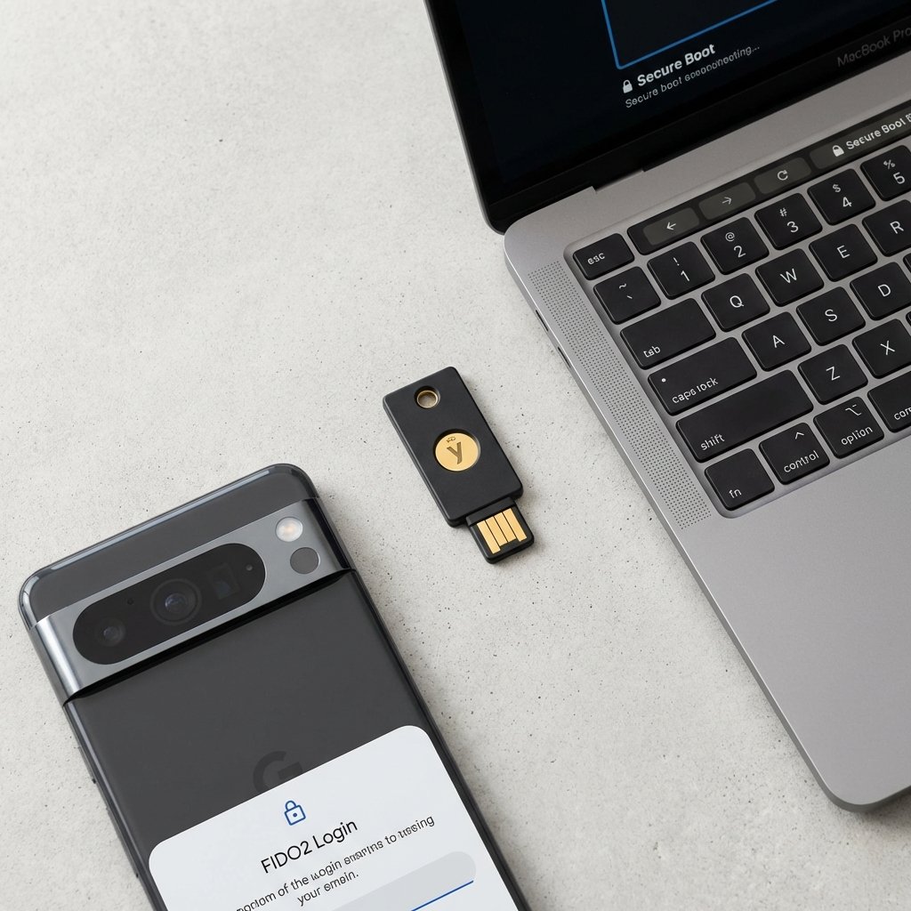 A sleek hardware security key lying next to a smartphone and a laptop. The composition is clean and focused on the security device. Modern technology aesthetic. 1:1