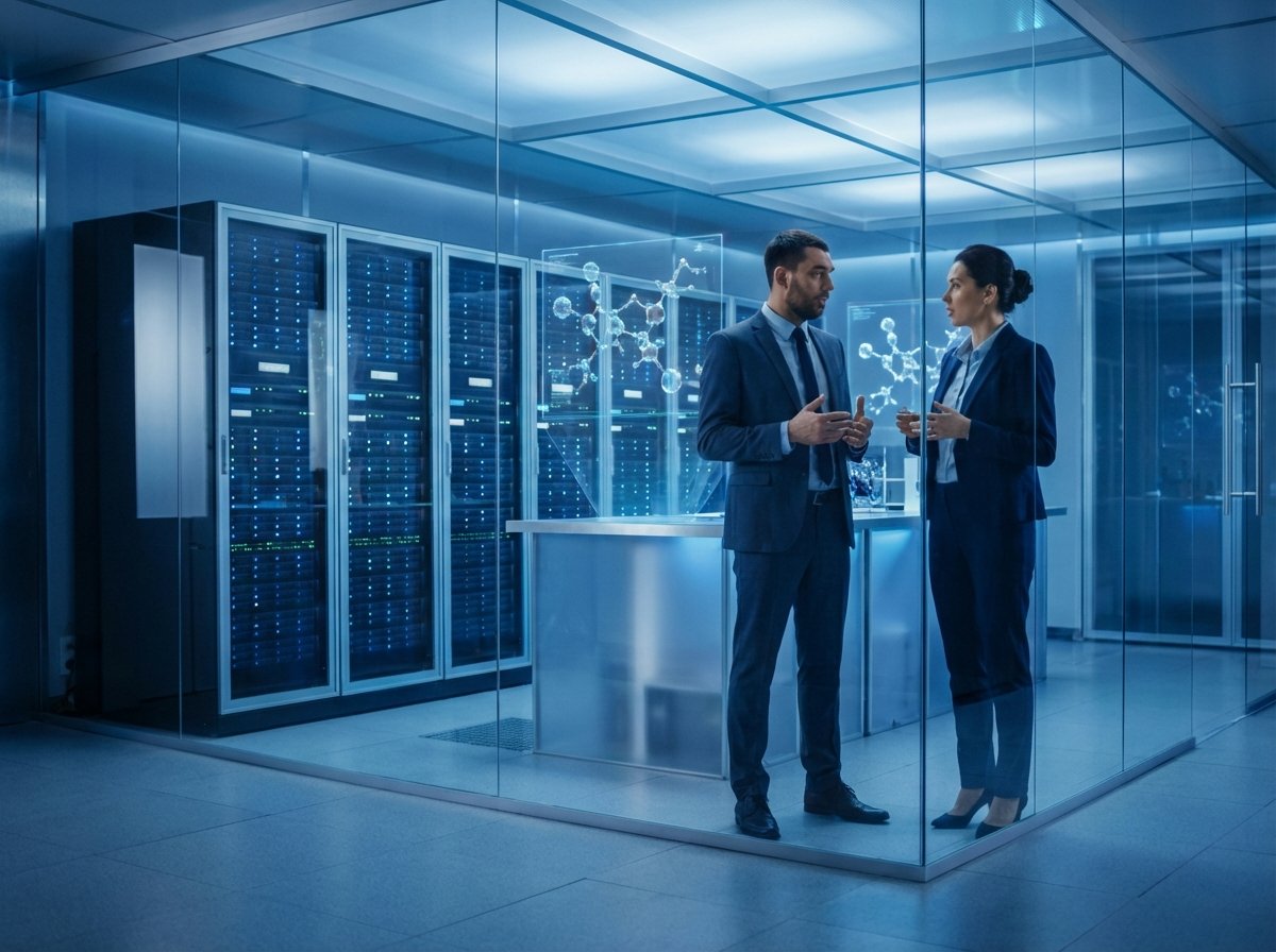 Two business leaders in a futuristic laboratory environment with large server racks and molecular 3D models floating in holographic displays, professional and innovative mood, blue and silver color palette, 4:3