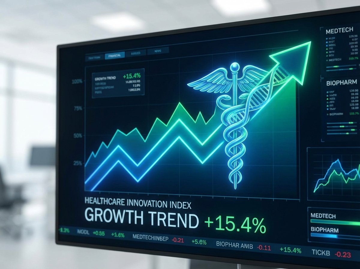 Financial chart showing an upward trend with medical symbols like a caduceus and DNA double helix incorporated into the graph lines, professional stock market screen style, clean background, 4:3