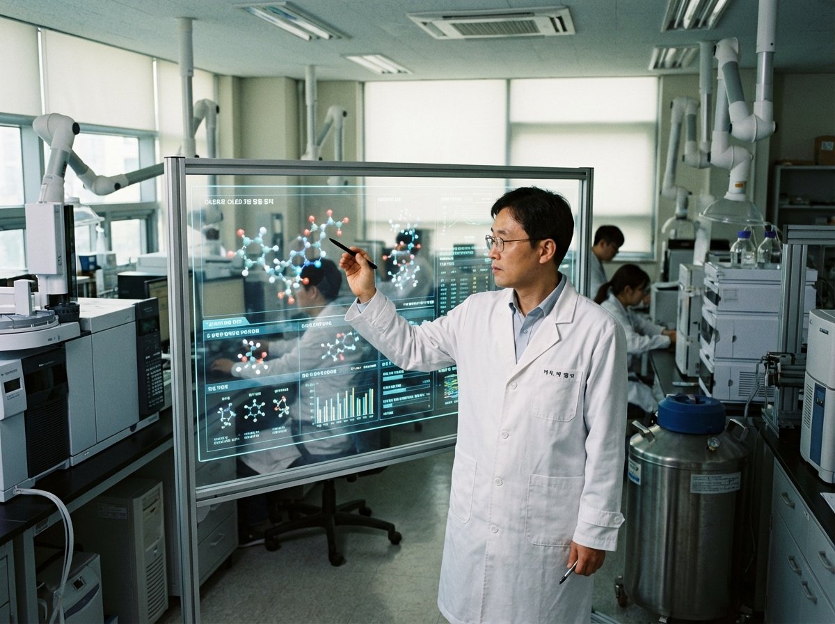 A Korean scientist in a white coat looking at a transparent digital screen with molecular structures and data points, realistic laboratory setting, high-tech research equipment in background, 4:3