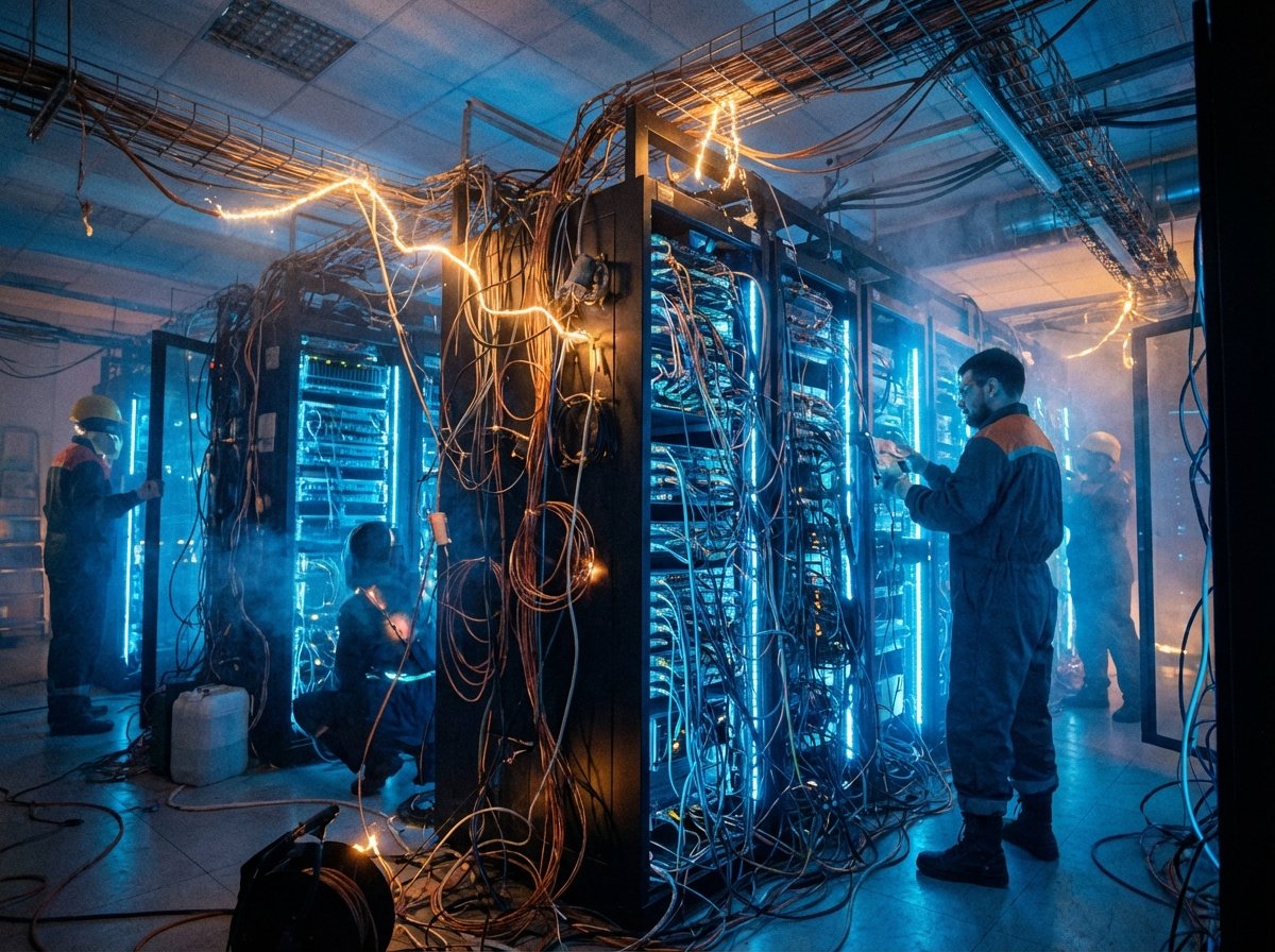 A high-tech data center with glowing server racks and complex electrical wiring, representing infrastructure challenges, vibrant blue and amber lighting, 4:3