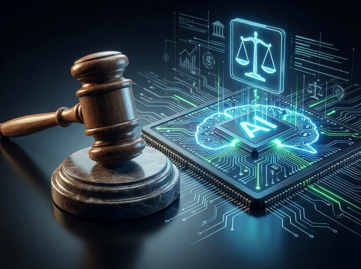 A digital conceptual art showing a judge's gavel next to a glowing circuit board representing AI, themes of law and technology, high contrast, 4:3