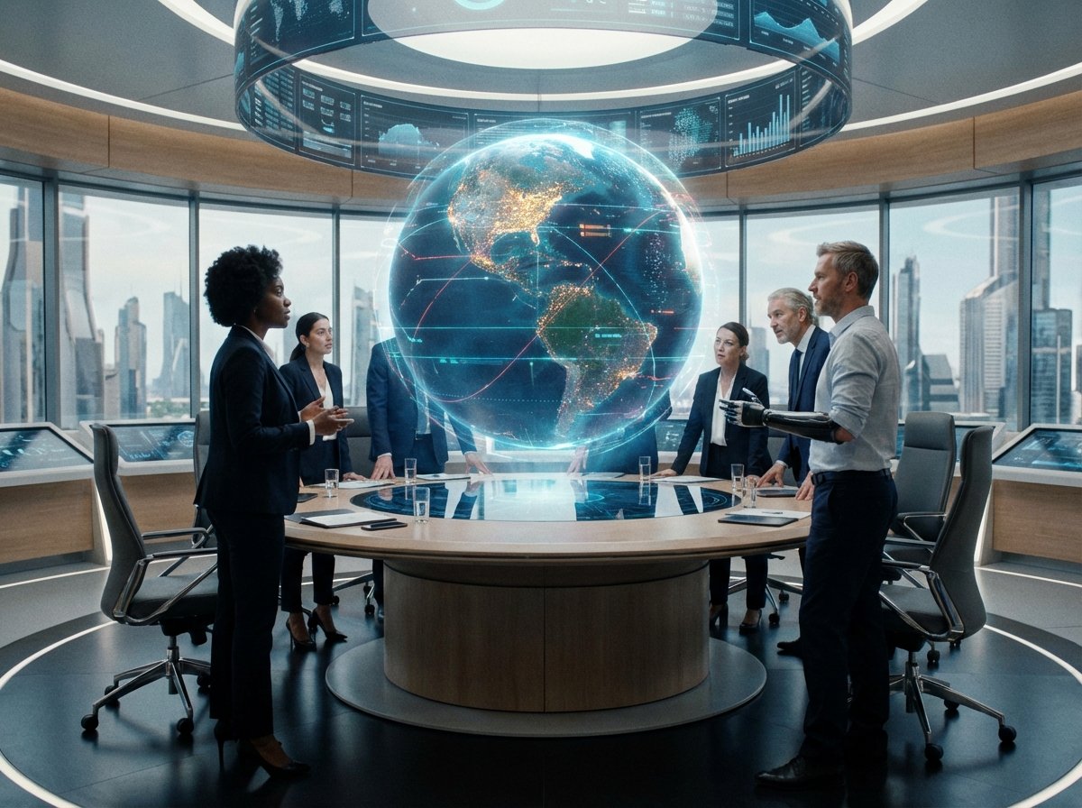Diverse business leaders in a futuristic conference room discussing global technology standards, hologram of the earth in the center, 4:3