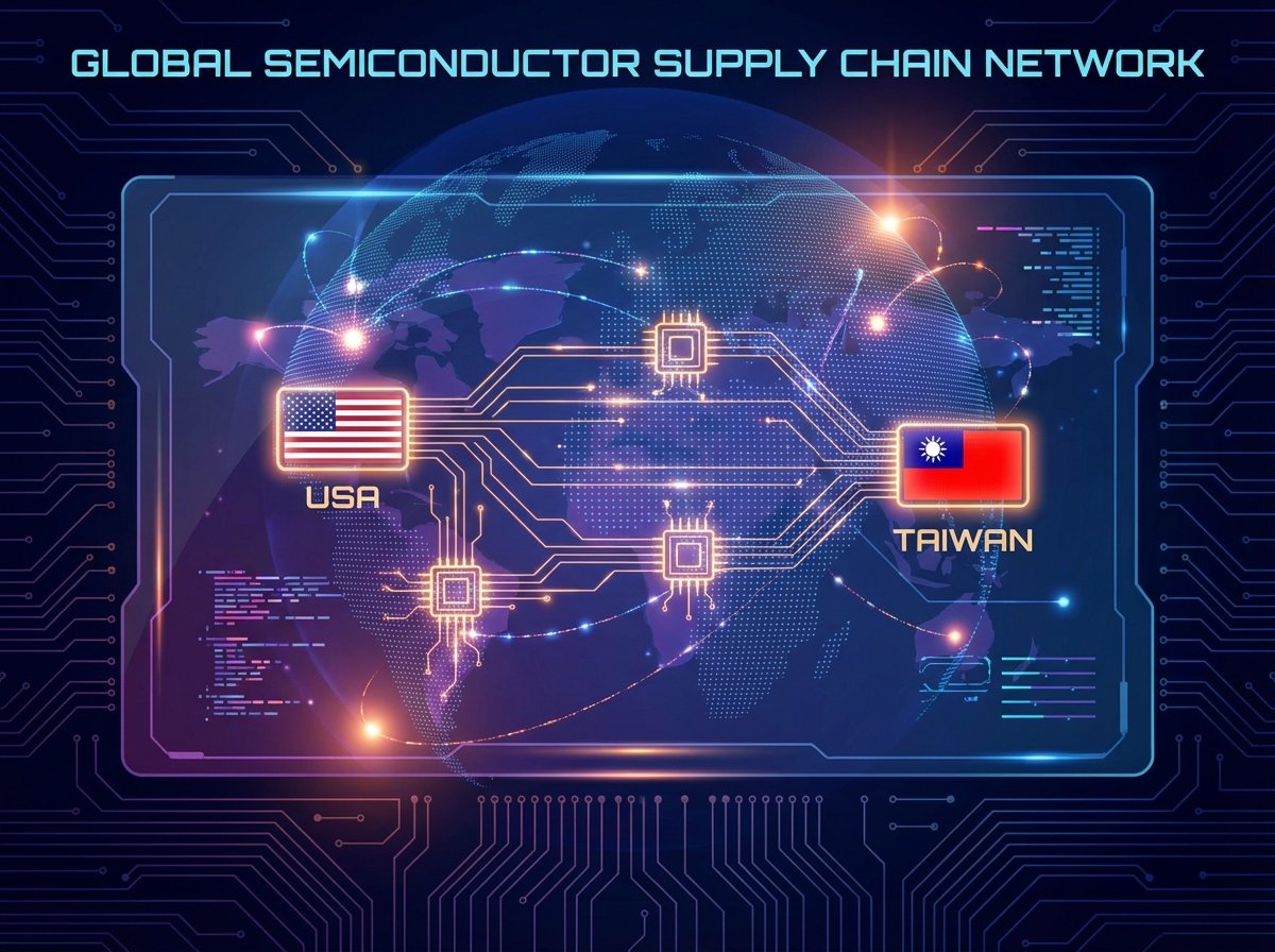 A futuristic digital concept of global semiconductor supply chain, featuring symbols of USA and Taiwan flags interconnected by glowing digital circuits and microchips, high contrast, modern layout, 4:3