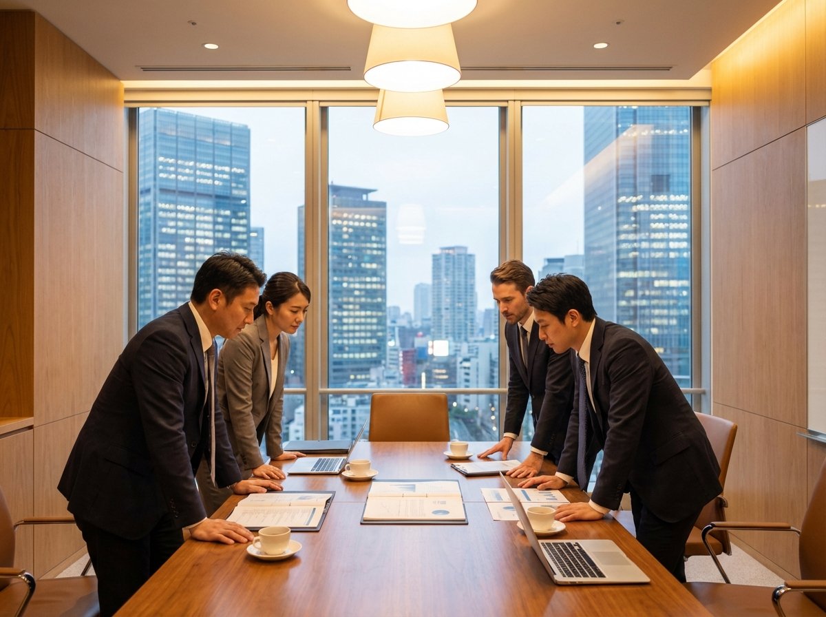 A professional business meeting in a modern conference room with a large window showing a city skyline, Asian and Western professionals discussing over documents, warm lighting, natural setting, 4:3